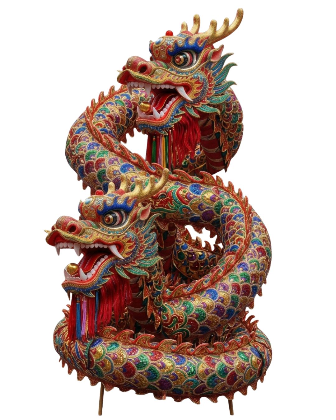 Dragón chino tradicional de danza folclórica en colores rojo, dorado y azul