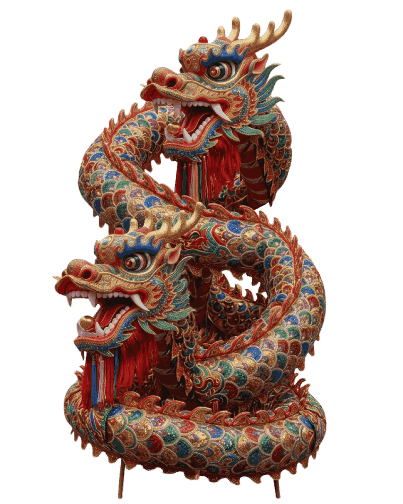 Dragón de China tradicional de danza folclórica en colores rojo, dorado y azul