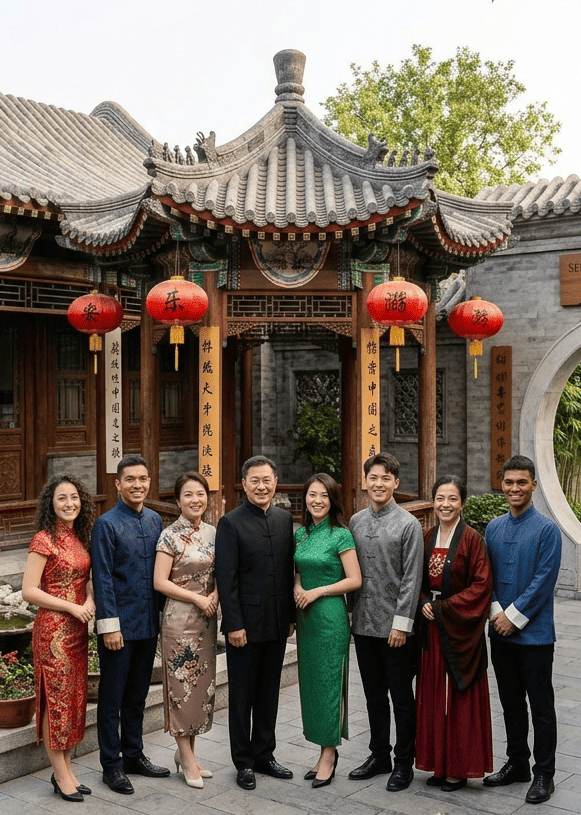 Grupo de personas con trajes tipicos posando para foto en monumento Chino