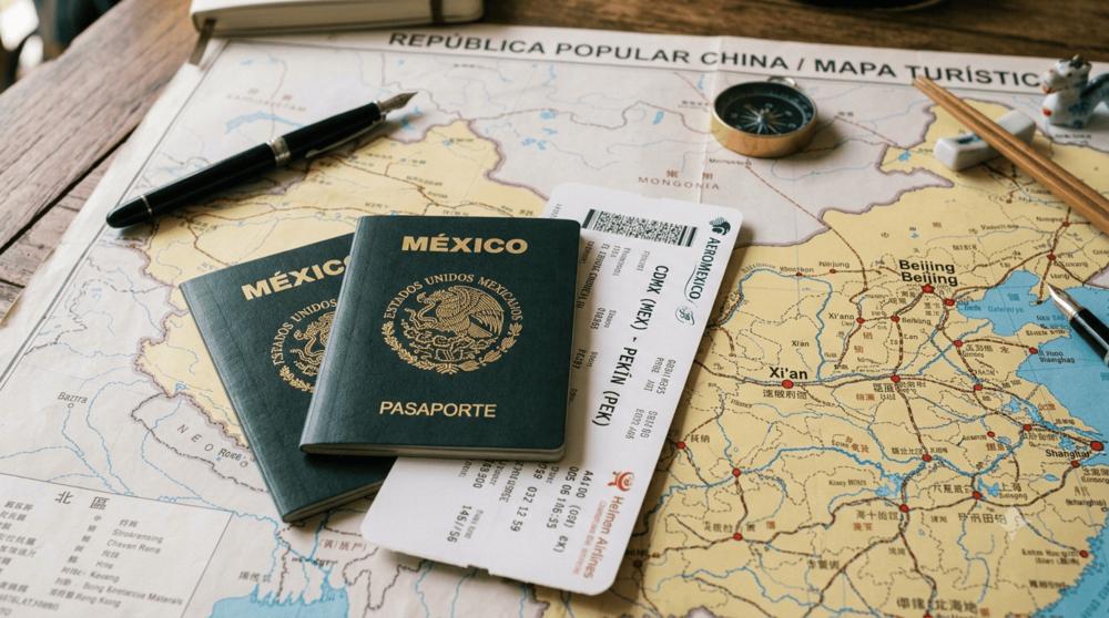 Mesa con mapa de china y pasaportes de México y pasaje de avión